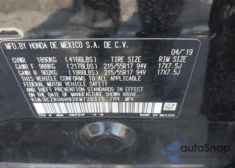 2019 Honda Hr-V Touring from USA, damaged, VIN 3CZRU6H92KM720315
